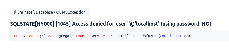 laravel  SQLSTATE[HY000] [1045] Access denied for user ''@'localhost' (using password: NO)