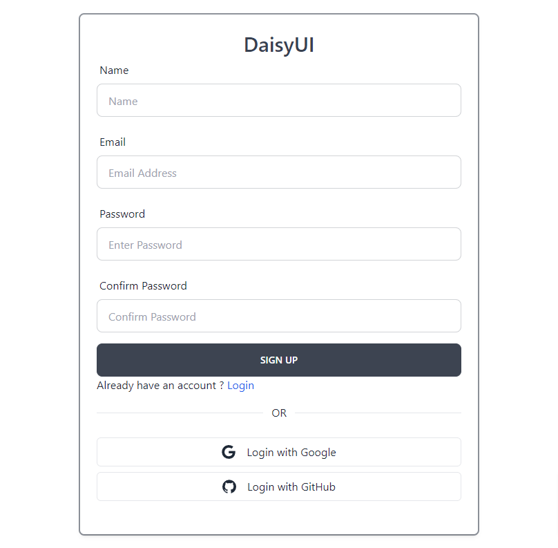 tailwind daisyui registration form with social media auth