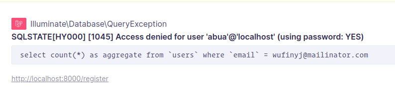 laravel SQLSTATE[HY000] [1045] Access denied for user 'abua'@'localhost' (using password: YES)