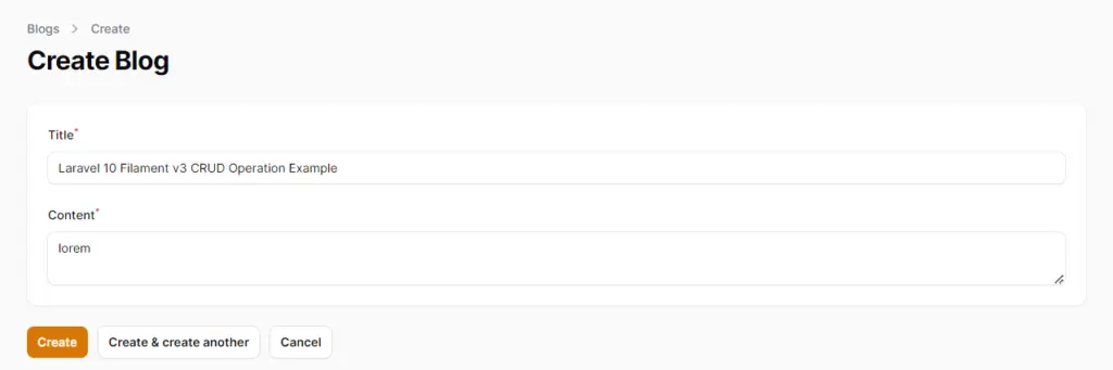 filamentphp create operation